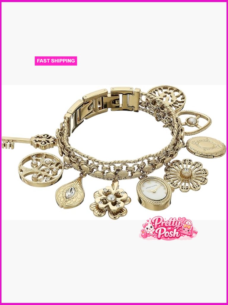 Premium Crystal Accented Charm Bracelet Watch With Mother-Of-Pearl Dial